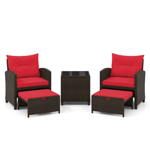5 Piece Patio Rattan Furniture Set, 2 Ottomans, Tempered Glass Coffee Table, Red