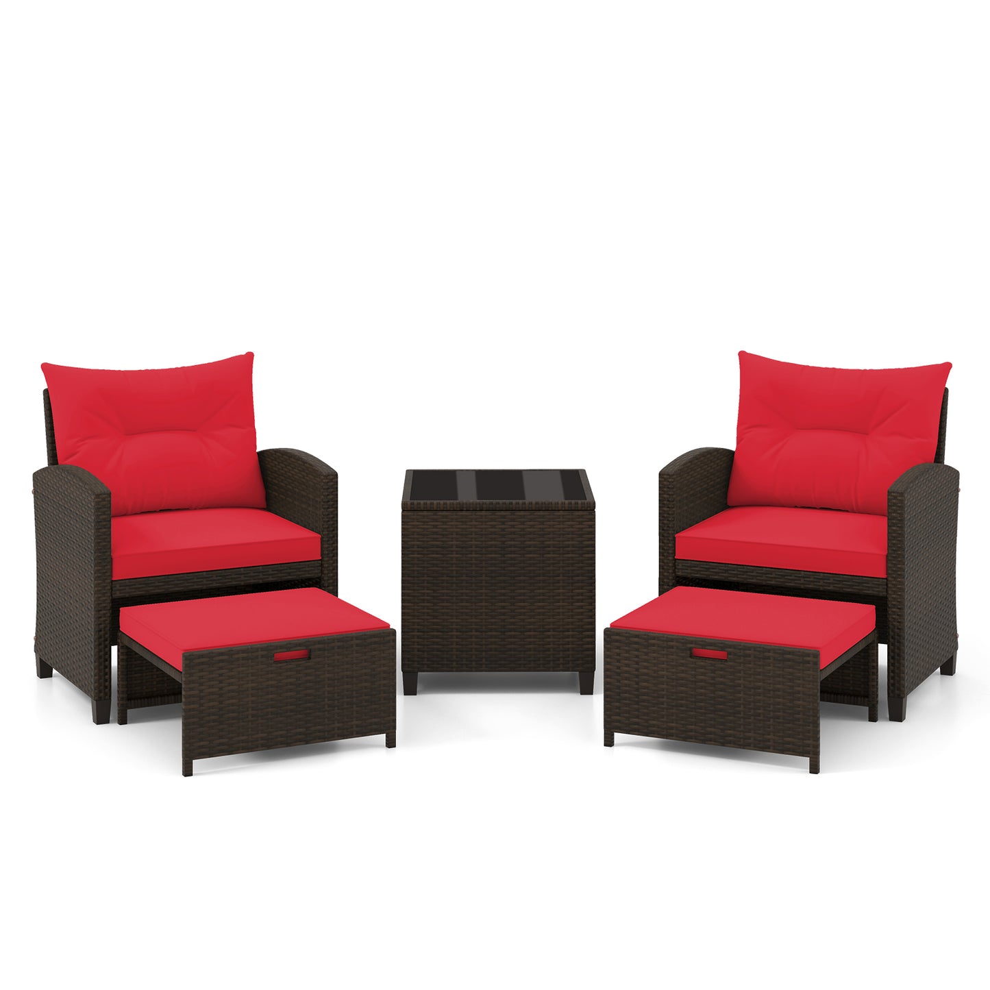 5 Piece Patio Rattan Furniture Set, 2 Ottomans, Tempered Glass Coffee Table, Red Patio Conversation Sets at Gallery Canada