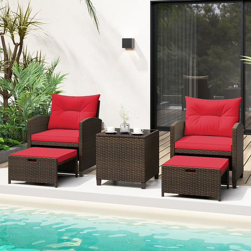 5 Piece Patio Rattan Furniture Set, 2 Ottomans, Tempered Glass Coffee Table, Red