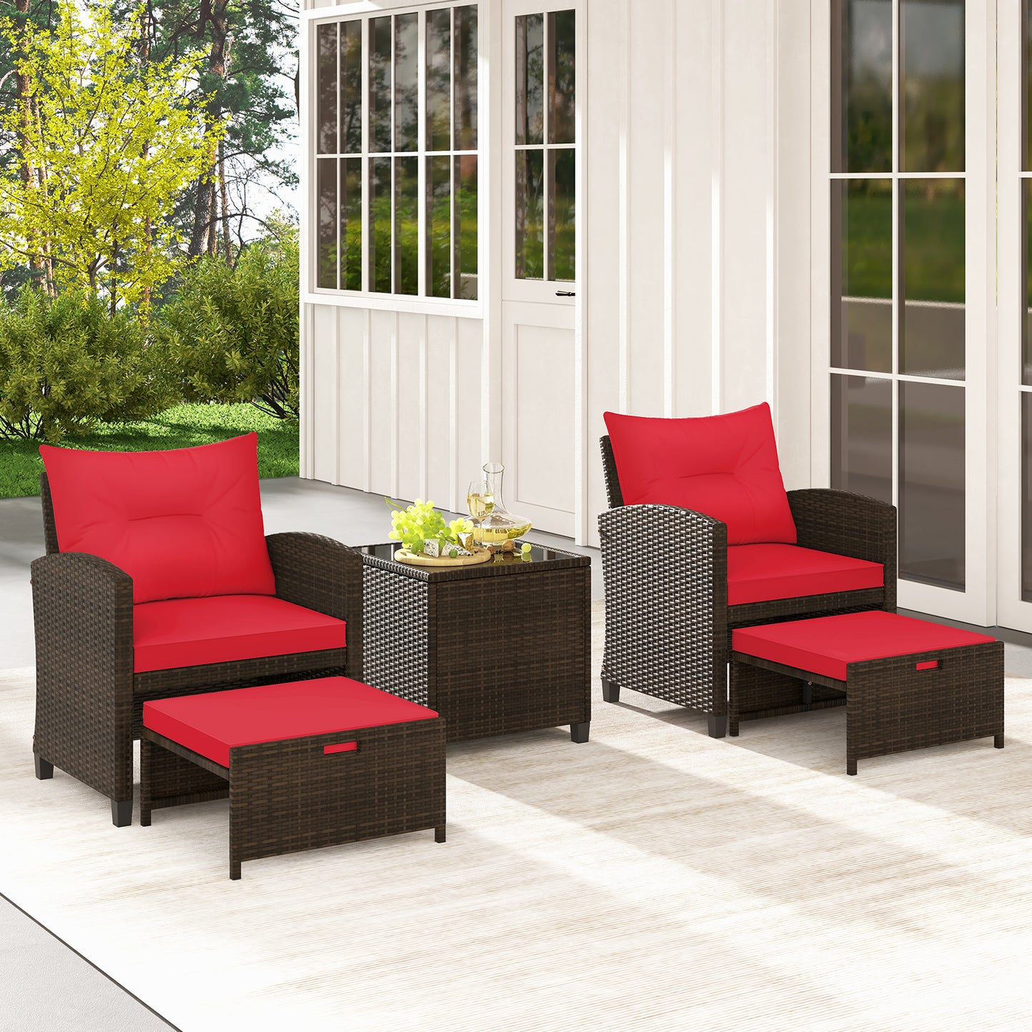 5 Piece Patio Rattan Furniture Set, 2 Ottomans, Tempered Glass Coffee Table, Red Patio Conversation Sets at Gallery Canada