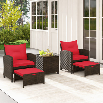 5 Piece Patio Rattan Furniture Set, 2 Ottomans, Tempered Glass Coffee Table, Red Patio Conversation Sets at Gallery Canada