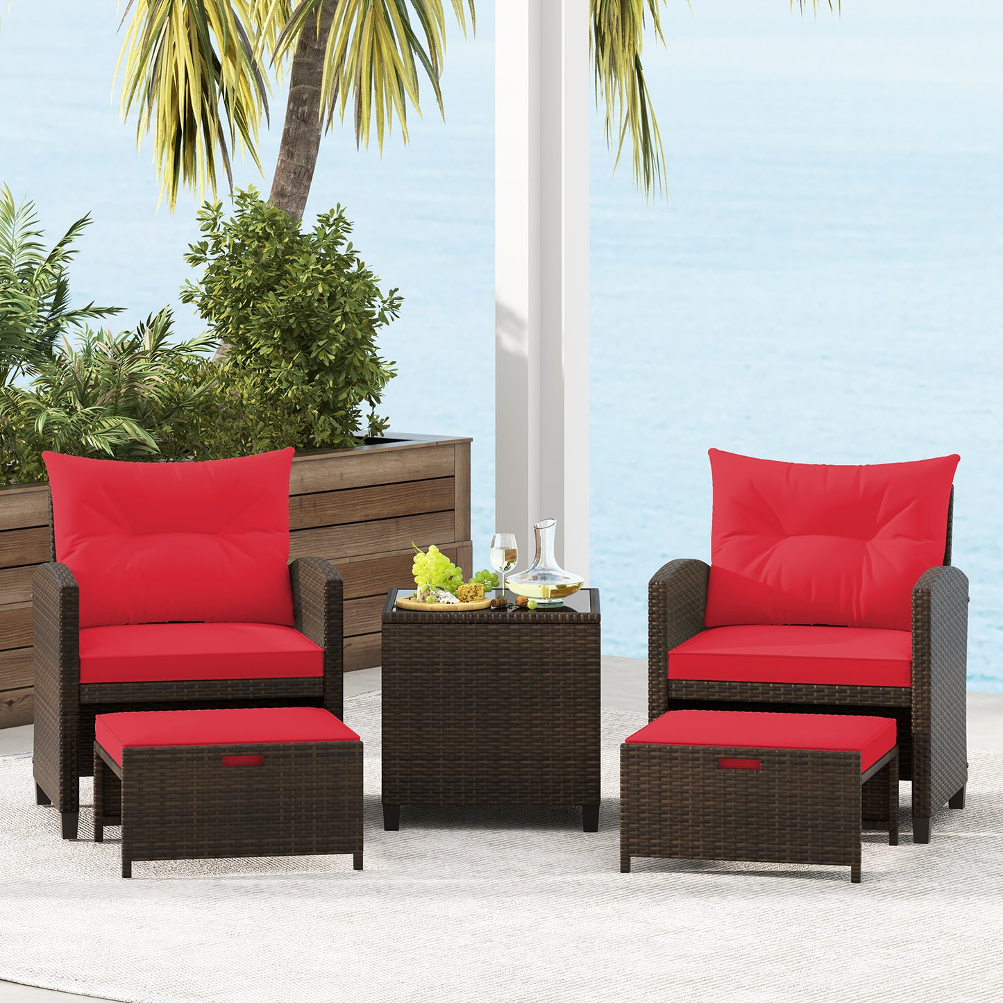 5 Piece Patio Rattan Furniture Set, 2 Ottomans, Tempered Glass Coffee Table, Red Patio Conversation Sets at Gallery Canada