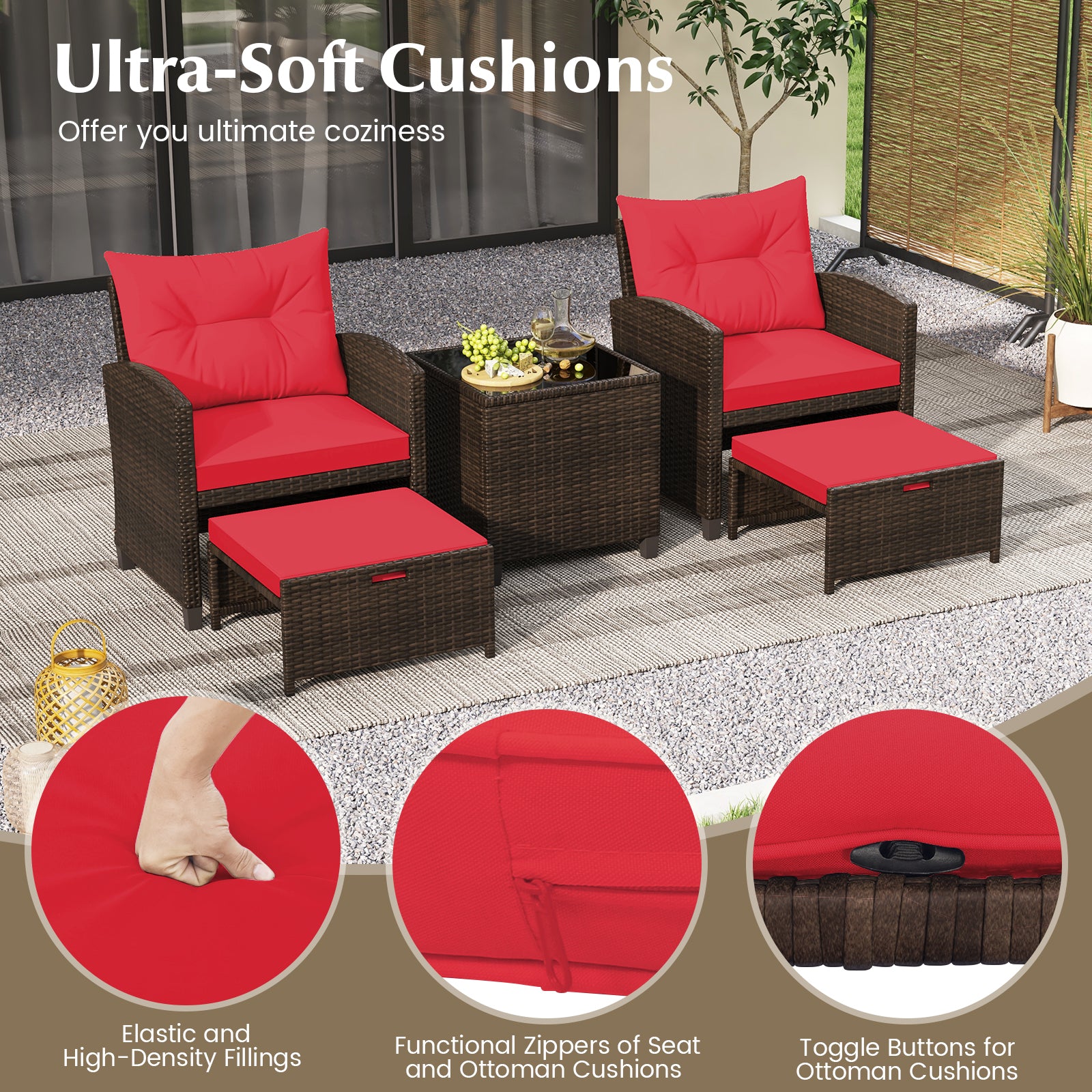 5 Piece Patio Rattan Furniture Set, 2 Ottomans, Tempered Glass Coffee Table, Red Patio Conversation Sets at Gallery Canada