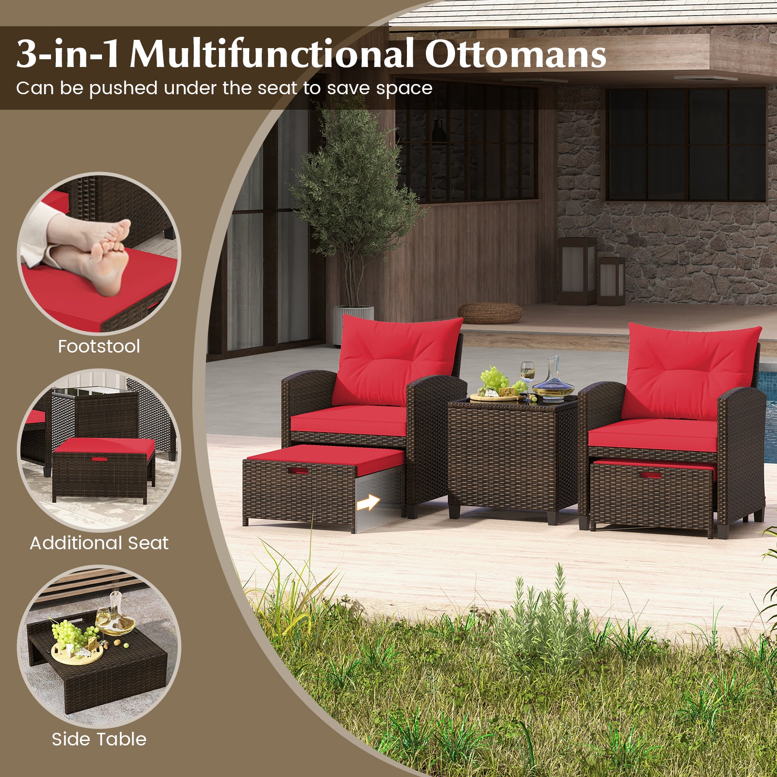 5 Piece Patio Rattan Furniture Set, 2 Ottomans, Tempered Glass Coffee Table, Red Patio Conversation Sets at Gallery Canada