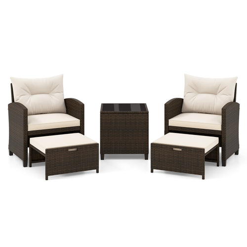 5-Piece Patio Rattan Furniture, 2 Ottomans, Tempered Glass Coffee Table, Beige