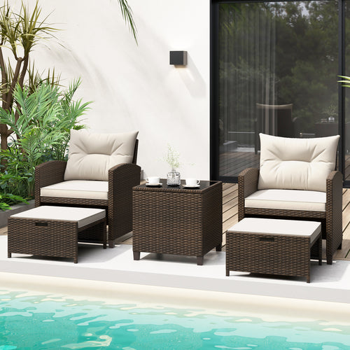 5-Piece Patio Rattan Furniture, 2 Ottomans, Tempered Glass Coffee Table, Beige