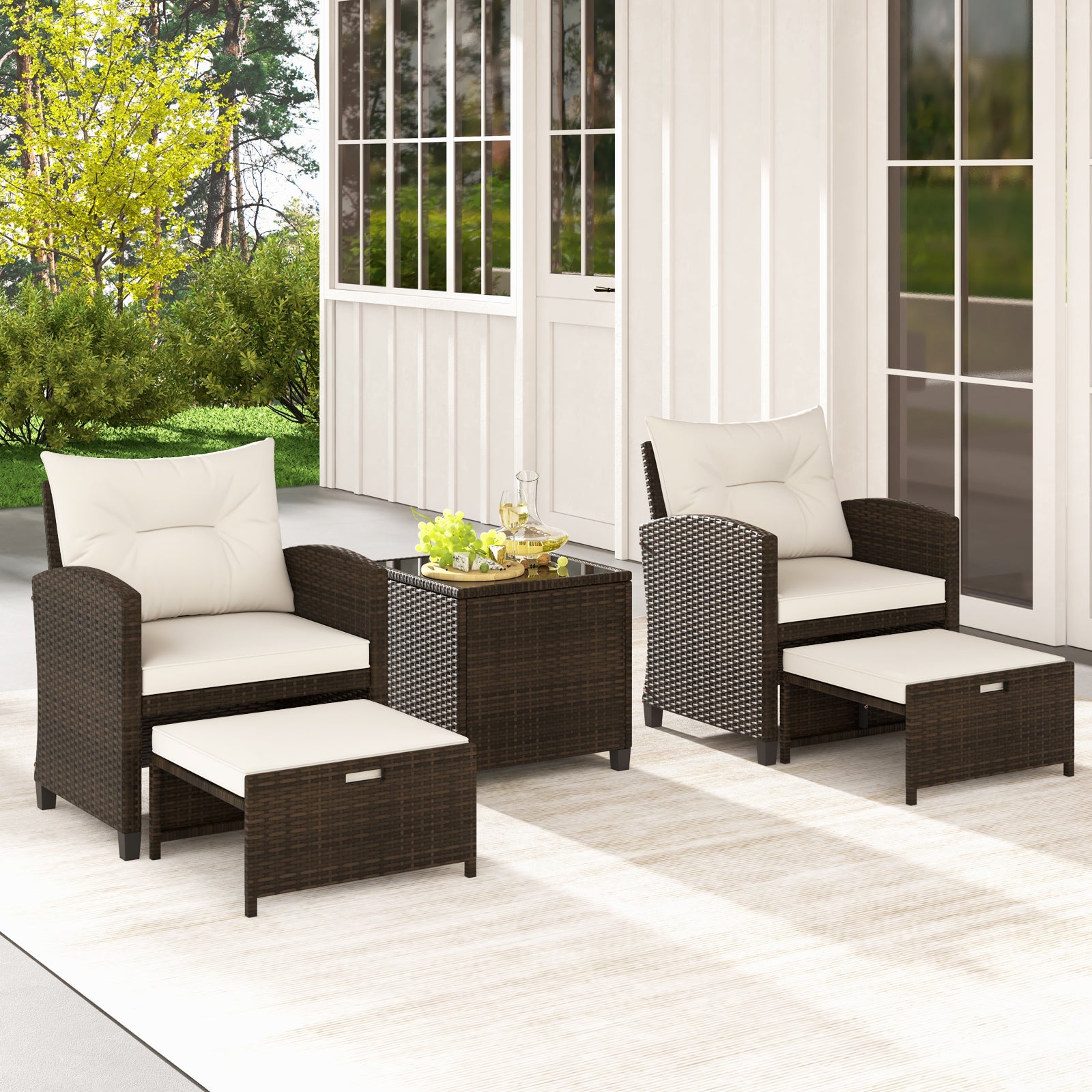 5-Piece Patio Rattan Furniture, 2 Ottomans, Tempered Glass Coffee Table, Beige Patio Conversation Sets at Gallery Canada