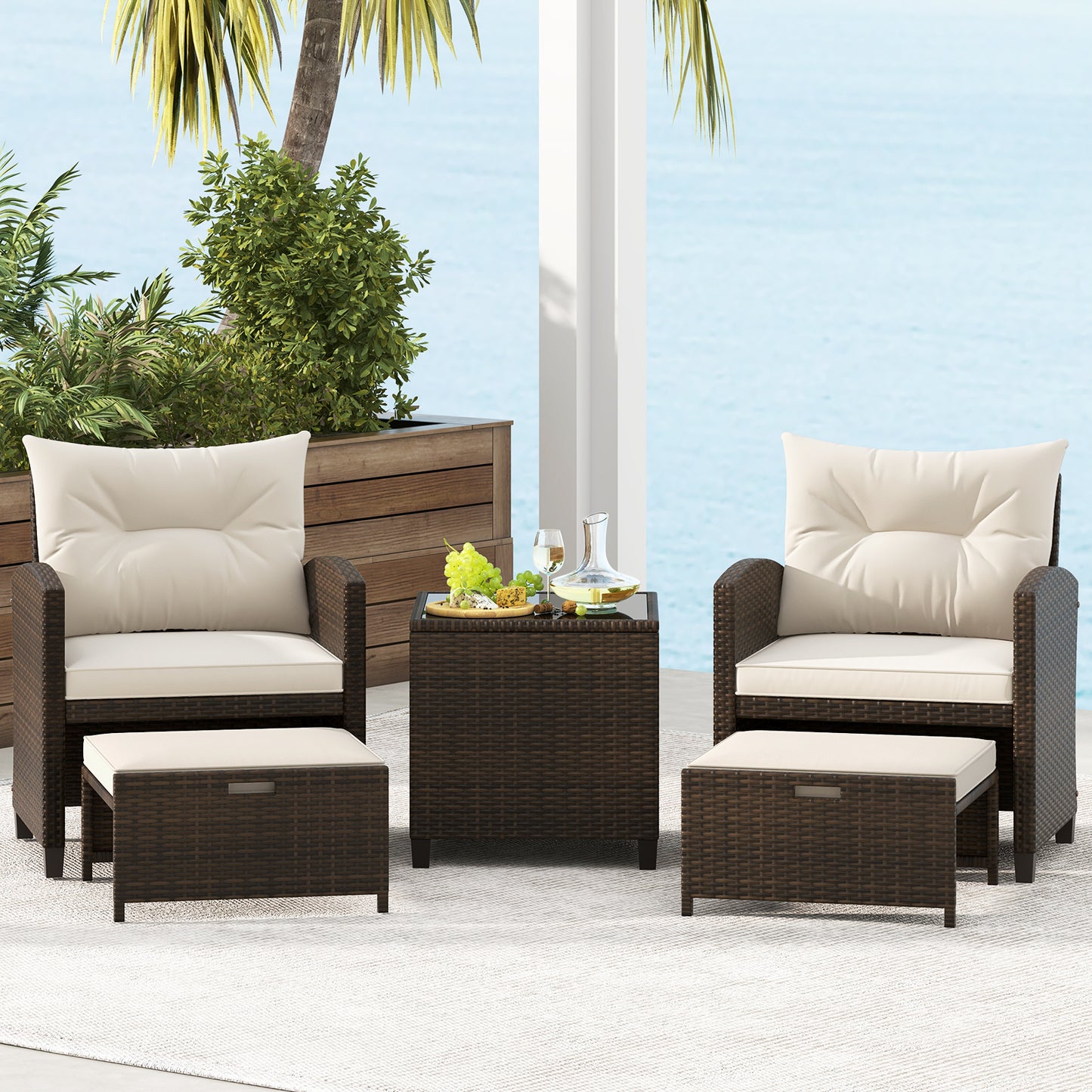 5-Piece Patio Rattan Furniture, 2 Ottomans, Tempered Glass Coffee Table, Beige Patio Conversation Sets at Gallery Canada