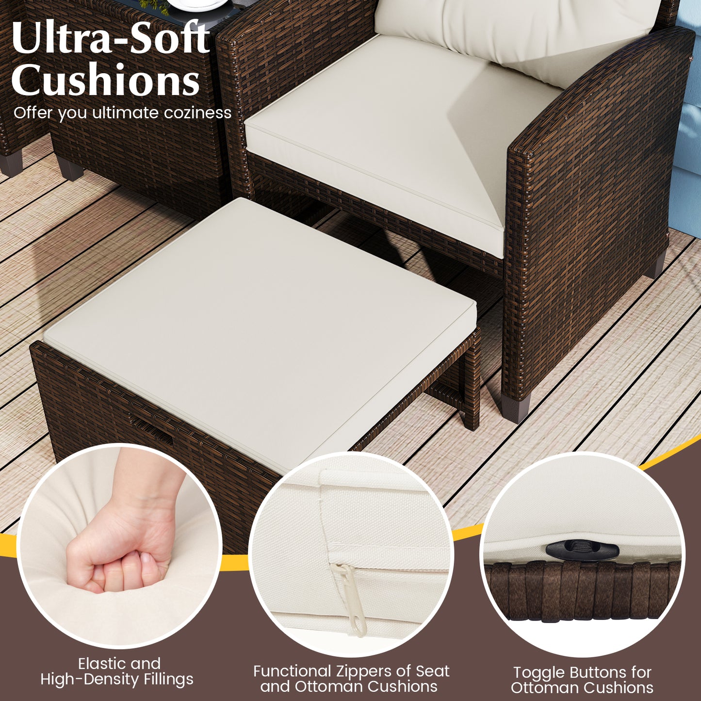 5-Piece Patio Rattan Furniture, 2 Ottomans, Tempered Glass Coffee Table, Beige Patio Conversation Sets at Gallery Canada