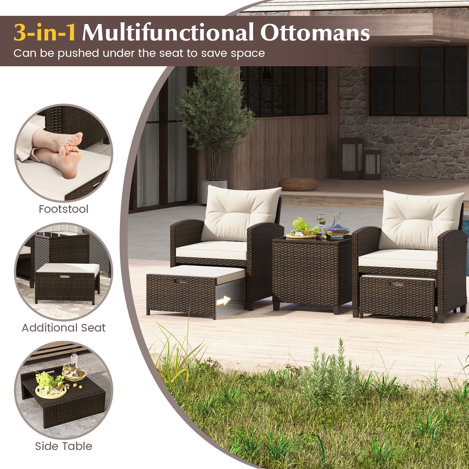 5-Piece Patio Rattan Furniture, 2 Ottomans, Tempered Glass Coffee Table, Beige Patio Conversation Sets at Gallery Canada