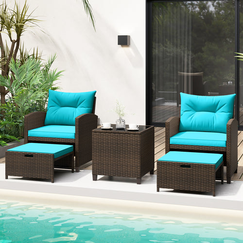 5 Piece Patio Rattan Furniture Set, 2 Ottomans, Tempered Glass Table, Turquoise