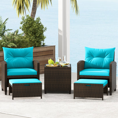 5 Piece Patio Rattan Furniture Set, 2 Ottomans, Tempered Glass Table, Turquoise Patio Conversation Sets at Gallery Canada