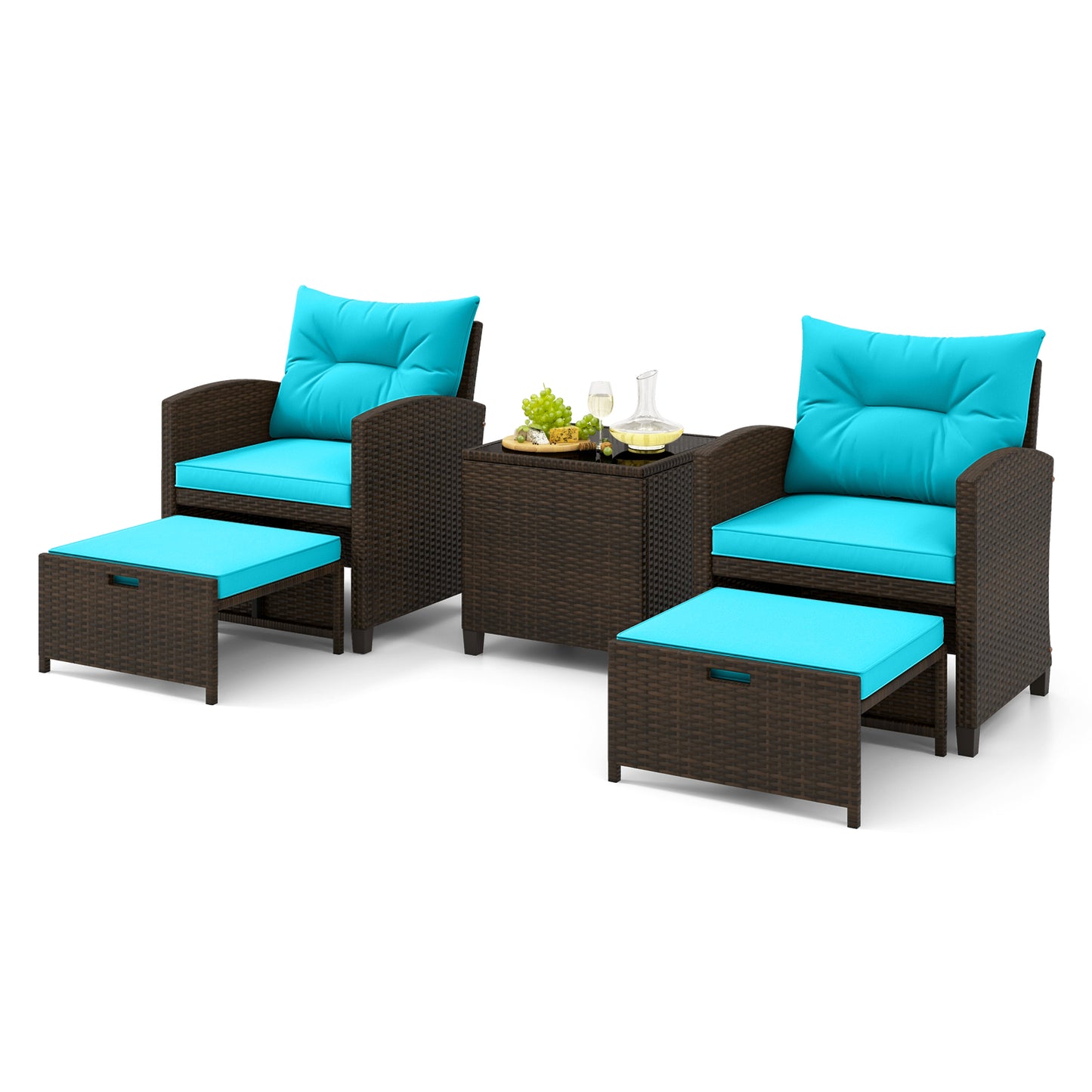 5 Piece Patio Rattan Furniture Set, 2 Ottomans, Tempered Glass Table, Turquoise Patio Conversation Sets at Gallery Canada