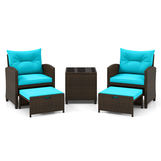 5 Piece Patio Rattan Furniture Set, 2 Ottomans, Tempered Glass Table, Turquoise Patio Conversation Sets Turquoise at Gallery Canada