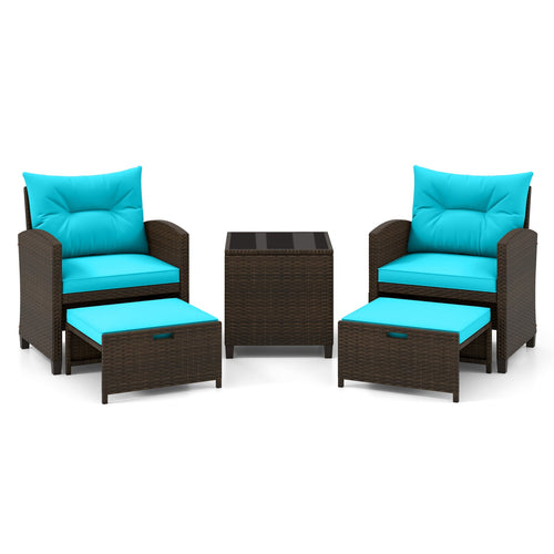 5 Piece Patio Rattan Furniture Set, 2 Ottomans, Tempered Glass Table, Turquoise