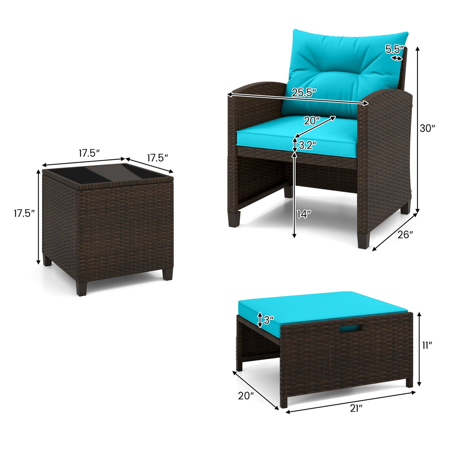 5 Piece Patio Rattan Furniture Set, 2 Ottomans, Tempered Glass Table, Turquoise Patio Conversation Sets at Gallery Canada