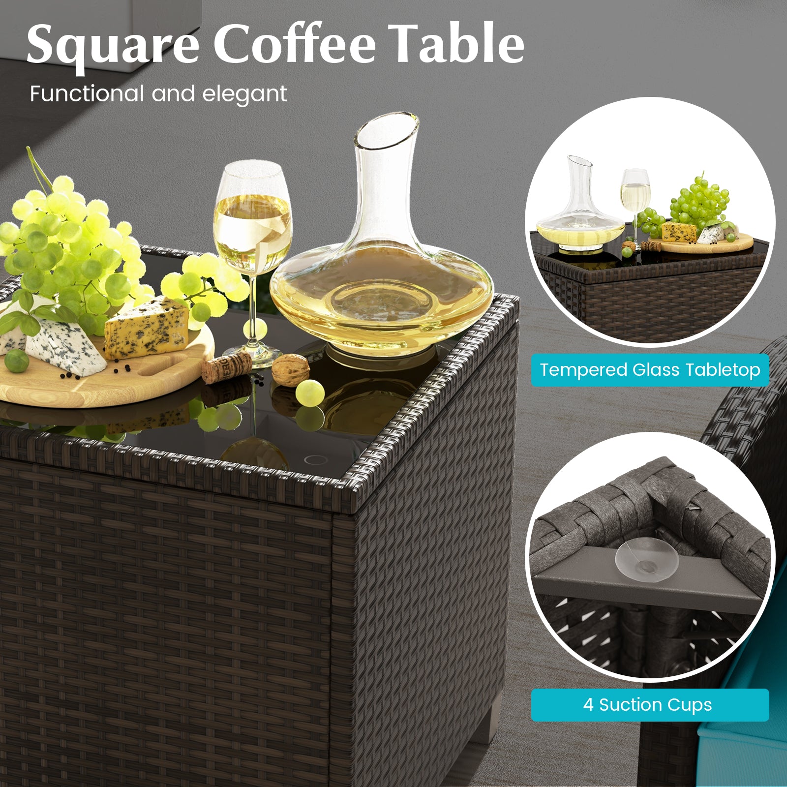 5 Piece Patio Rattan Furniture Set, 2 Ottomans, Tempered Glass Table, Turquoise Patio Conversation Sets at Gallery Canada