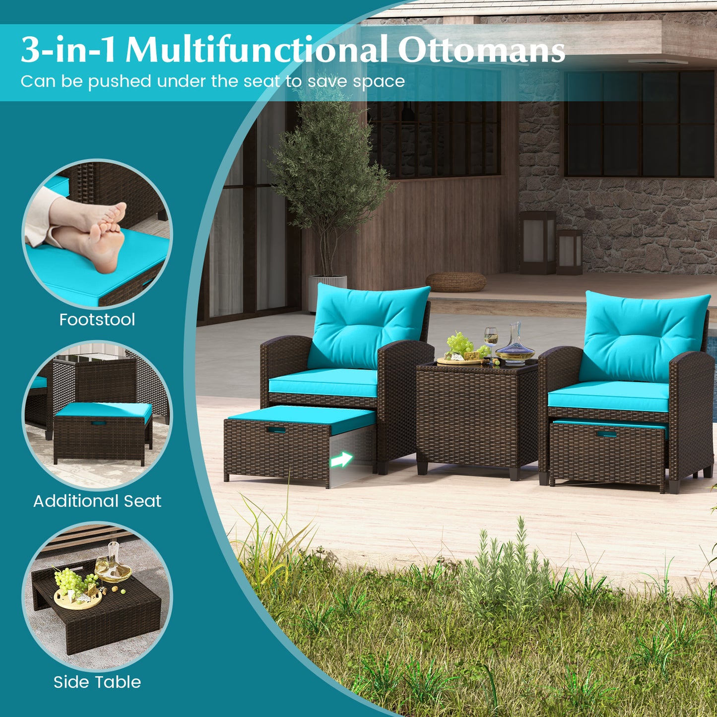 5 Piece Patio Rattan Furniture Set, 2 Ottomans, Tempered Glass Table, Turquoise Patio Conversation Sets at Gallery Canada