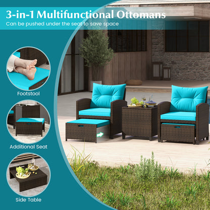 5 Piece Patio Rattan Furniture Set, 2 Ottomans, Tempered Glass Table, Turquoise Patio Conversation Sets at Gallery Canada