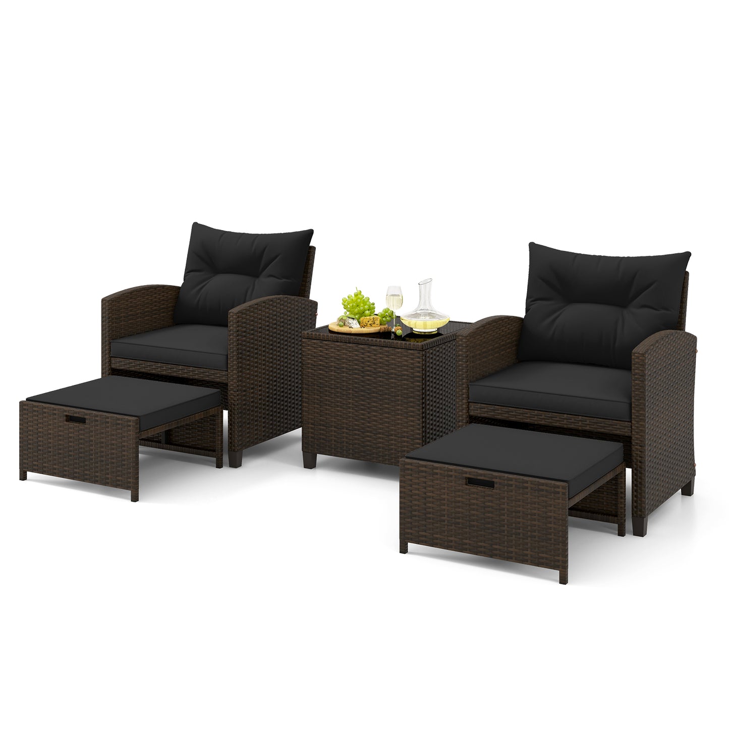 5 Pieces Patio Rattan Furniture with 2 Ottomans and Tempered Glass Coffee Table, Black Patio Conversation Sets Black at Gallery Canada
