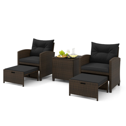 5 Pieces Patio Rattan Furniture with 2 Ottomans and Tempered Glass Coffee Table, Black Patio Conversation Sets Black at Gallery Canada