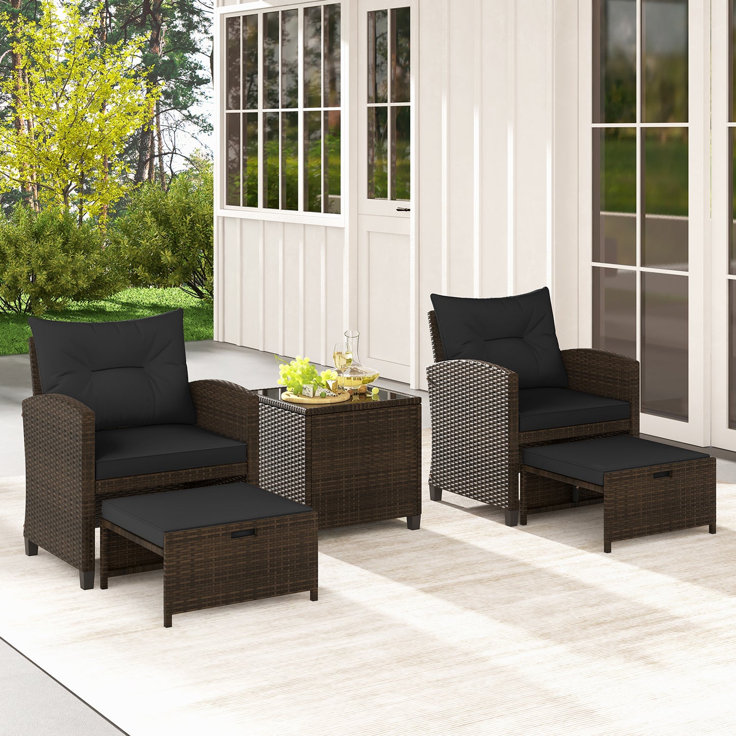 5 Pieces Patio Rattan Furniture with 2 Ottomans and Tempered Glass Coffee Table, Black Patio Conversation Sets at Gallery Canada
