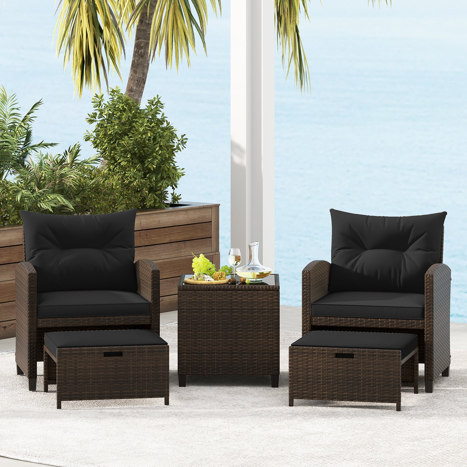 5 Pieces Patio Rattan Furniture with 2 Ottomans and Tempered Glass Coffee Table, Black Patio Conversation Sets at Gallery Canada