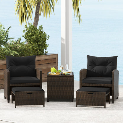 5 Pieces Patio Rattan Furniture with 2 Ottomans and Tempered Glass Coffee Table, Black Patio Conversation Sets at Gallery Canada