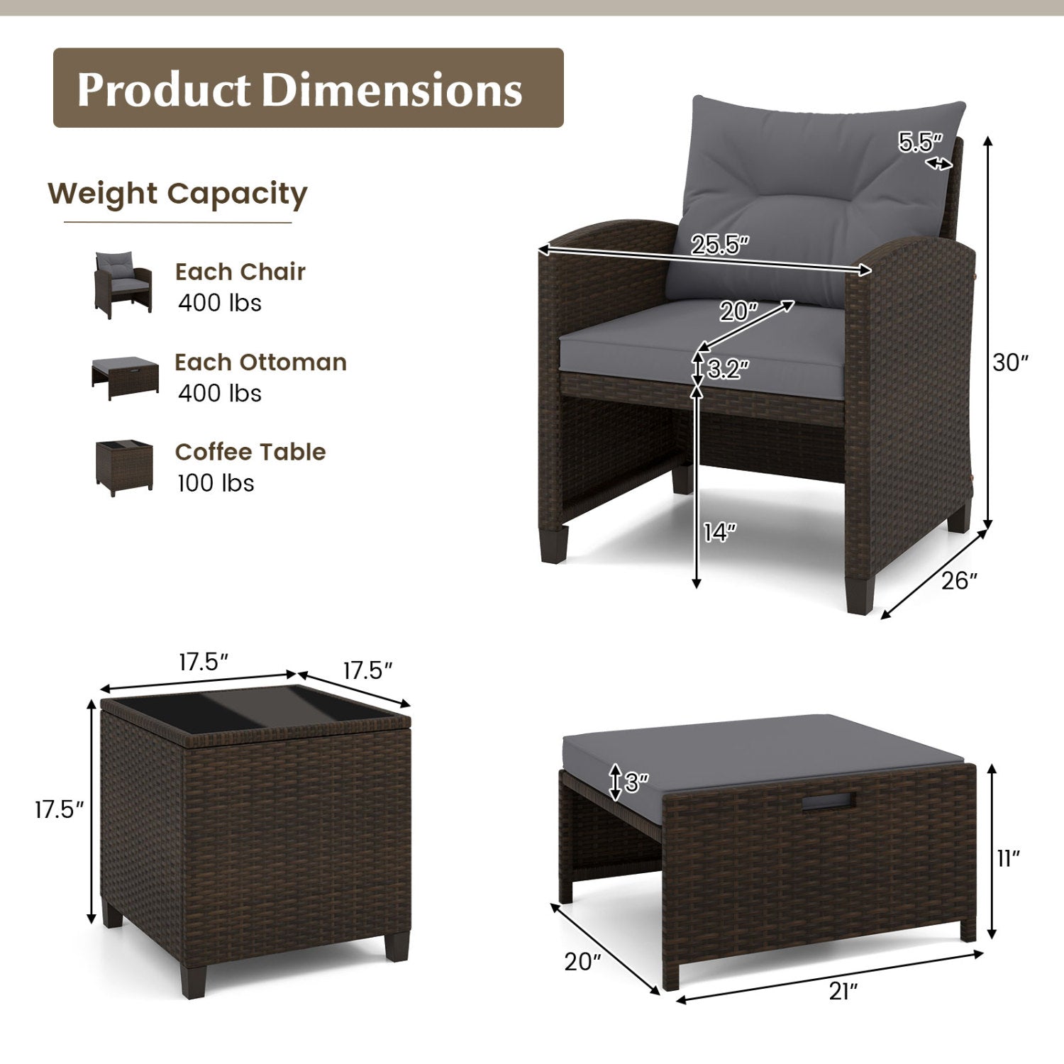 5 Pieces Patio Rattan Furniture with 2 Ottomans and Tempered Glass Coffee Table, Gray Patio Conversation Sets at Gallery Canada
