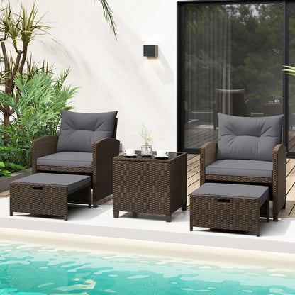 5 Pieces Patio Rattan Furniture with 2 Ottomans and Tempered Glass Coffee Table, Gray Patio Conversation Sets at Gallery Canada