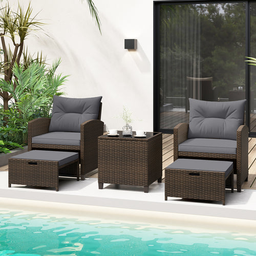 5 Pieces Patio Rattan Furniture with 2 Ottomans and Tempered Glass Coffee Table, Gray