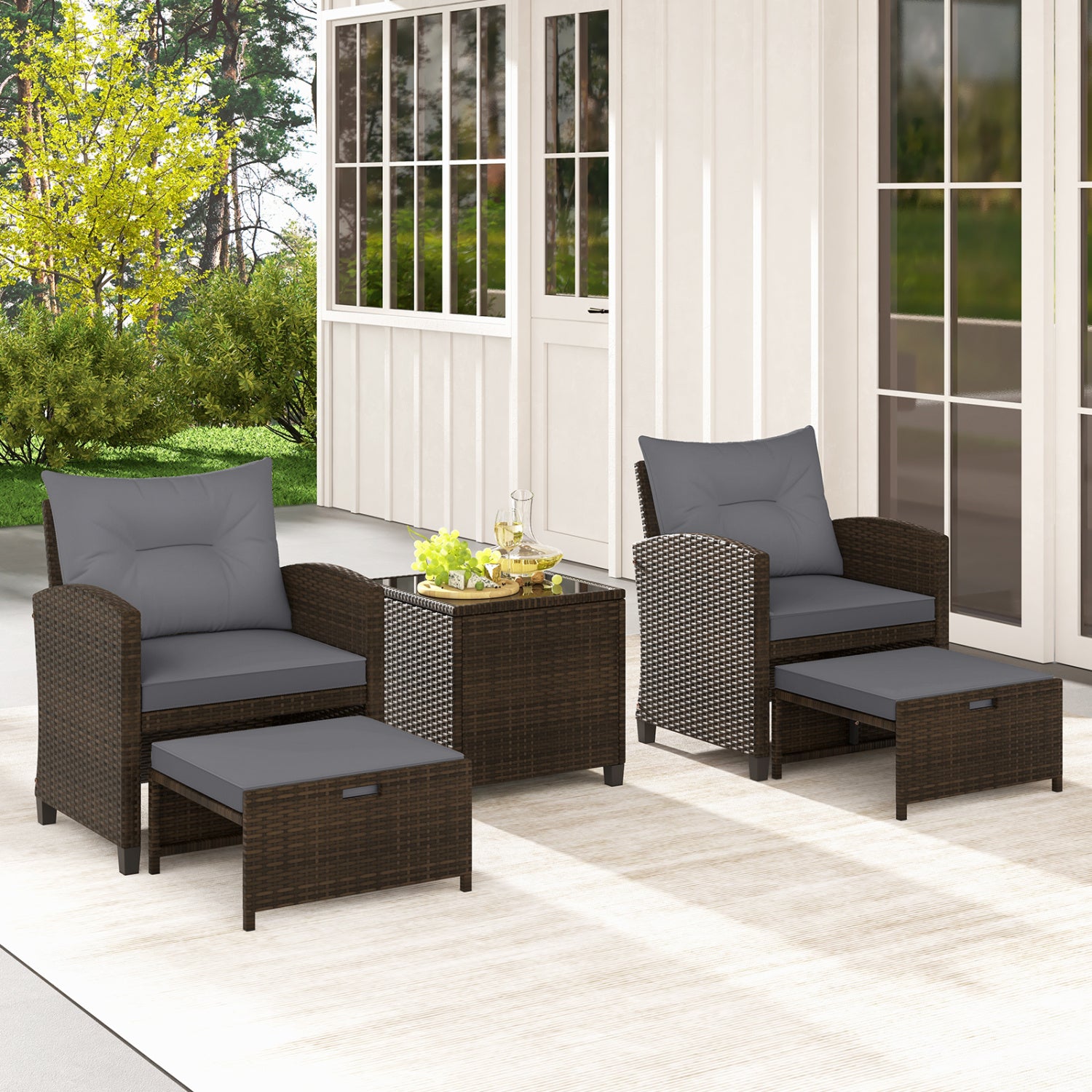 5 Pieces Patio Rattan Furniture with 2 Ottomans and Tempered Glass Coffee Table, Gray Patio Conversation Sets at Gallery Canada
