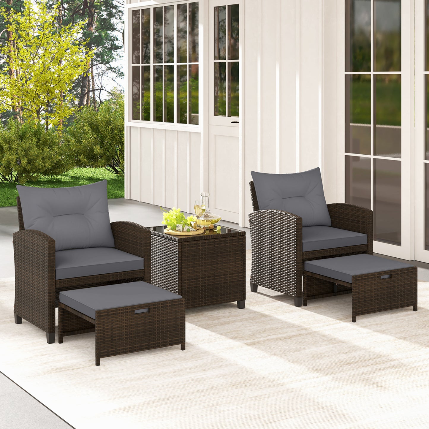 5 Pieces Patio Rattan Furniture with 2 Ottomans and Tempered Glass Coffee Table, Gray Patio Conversation Sets at Gallery Canada