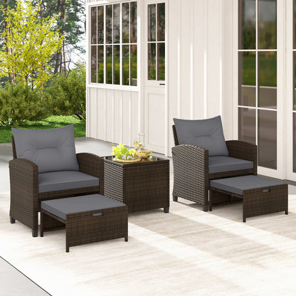5 Pieces Patio Rattan Furniture with 2 Ottomans and Tempered Glass Coffee Table, Gray Patio Conversation Sets at Gallery Canada