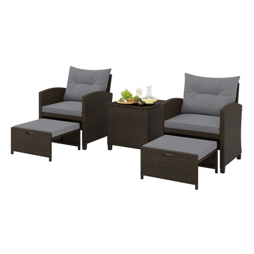 5 Pieces Patio Rattan Furniture with 2 Ottomans and Tempered Glass Coffee Table, Gray