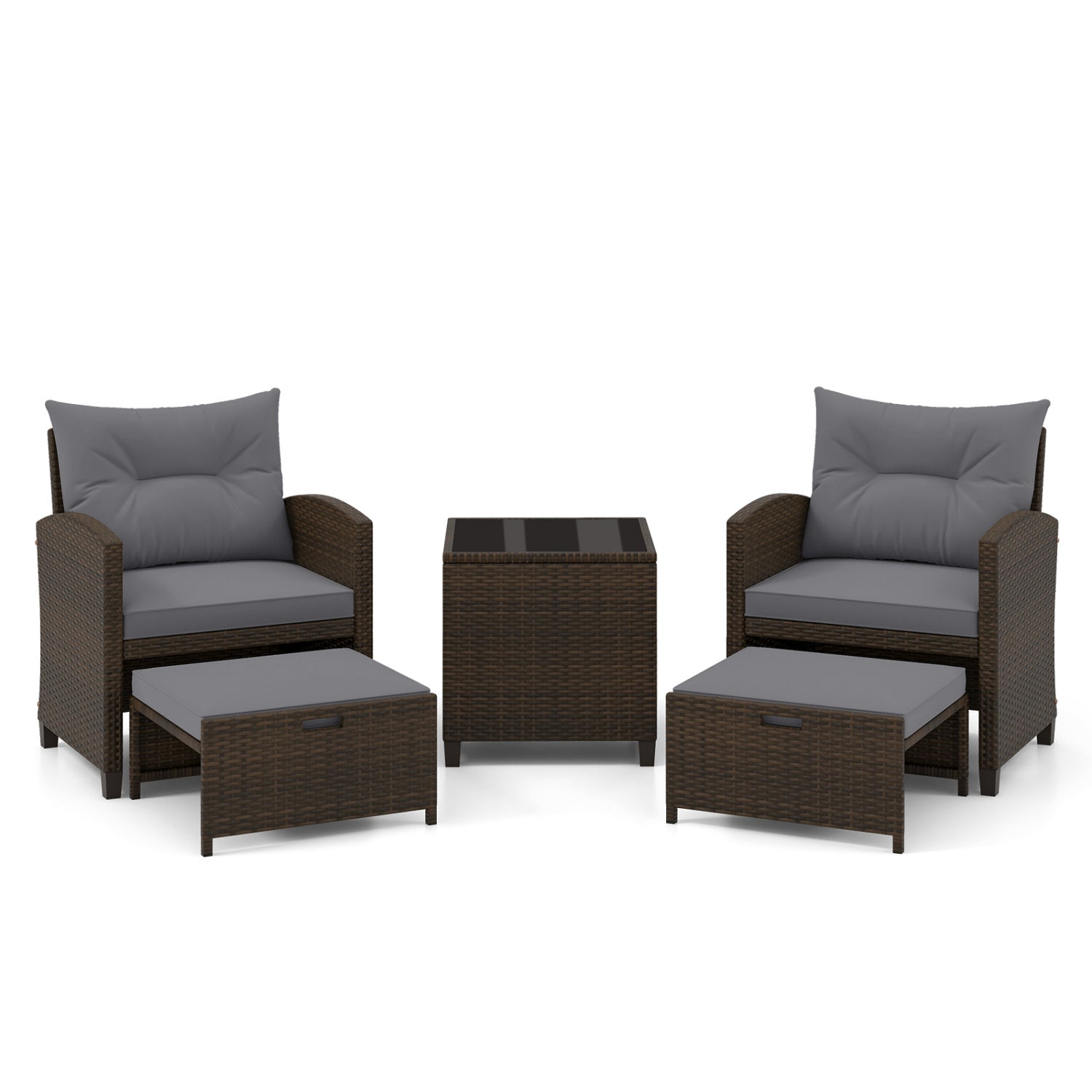 5 Pieces Patio Rattan Furniture with 2 Ottomans and Tempered Glass Coffee Table, Gray Patio Conversation Sets at Gallery Canada