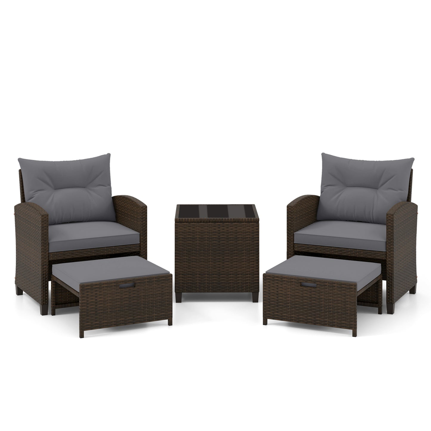 5 Pieces Patio Rattan Furniture with 2 Ottomans and Tempered Glass Coffee Table, Gray Patio Conversation Sets at Gallery Canada