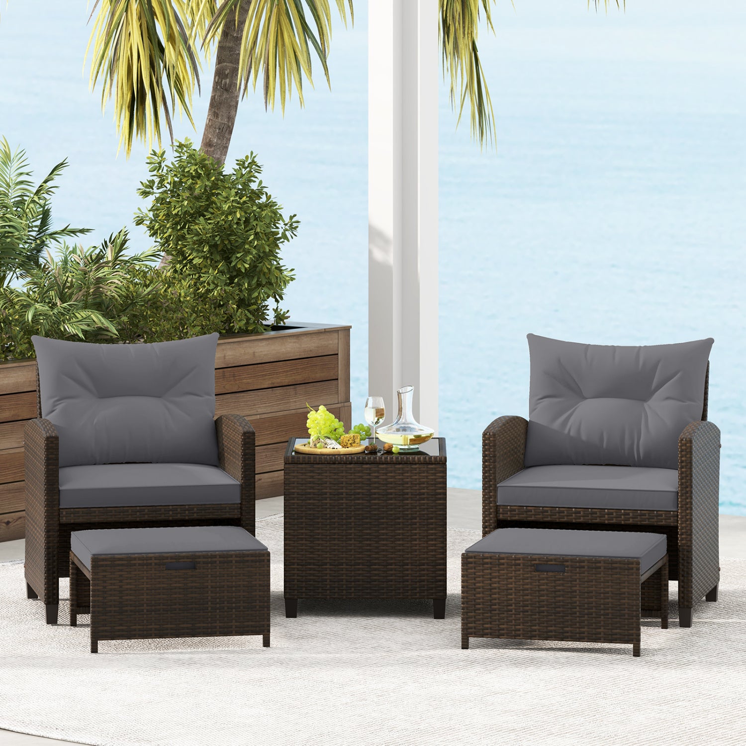 5 Pieces Patio Rattan Furniture with 2 Ottomans and Tempered Glass Coffee Table, Gray Patio Conversation Sets at Gallery Canada