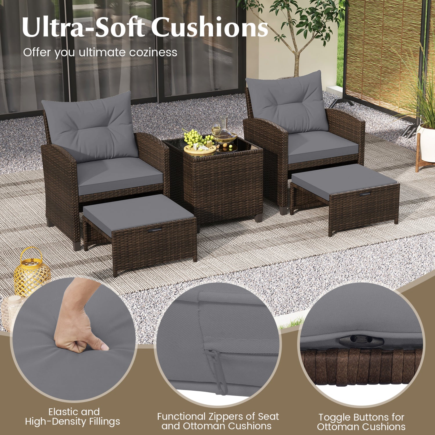 5 Pieces Patio Rattan Furniture with 2 Ottomans and Tempered Glass Coffee Table, Gray Patio Conversation Sets at Gallery Canada