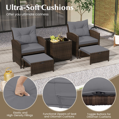 5 Pieces Patio Rattan Furniture with 2 Ottomans and Tempered Glass Coffee Table, Gray Patio Conversation Sets at Gallery Canada