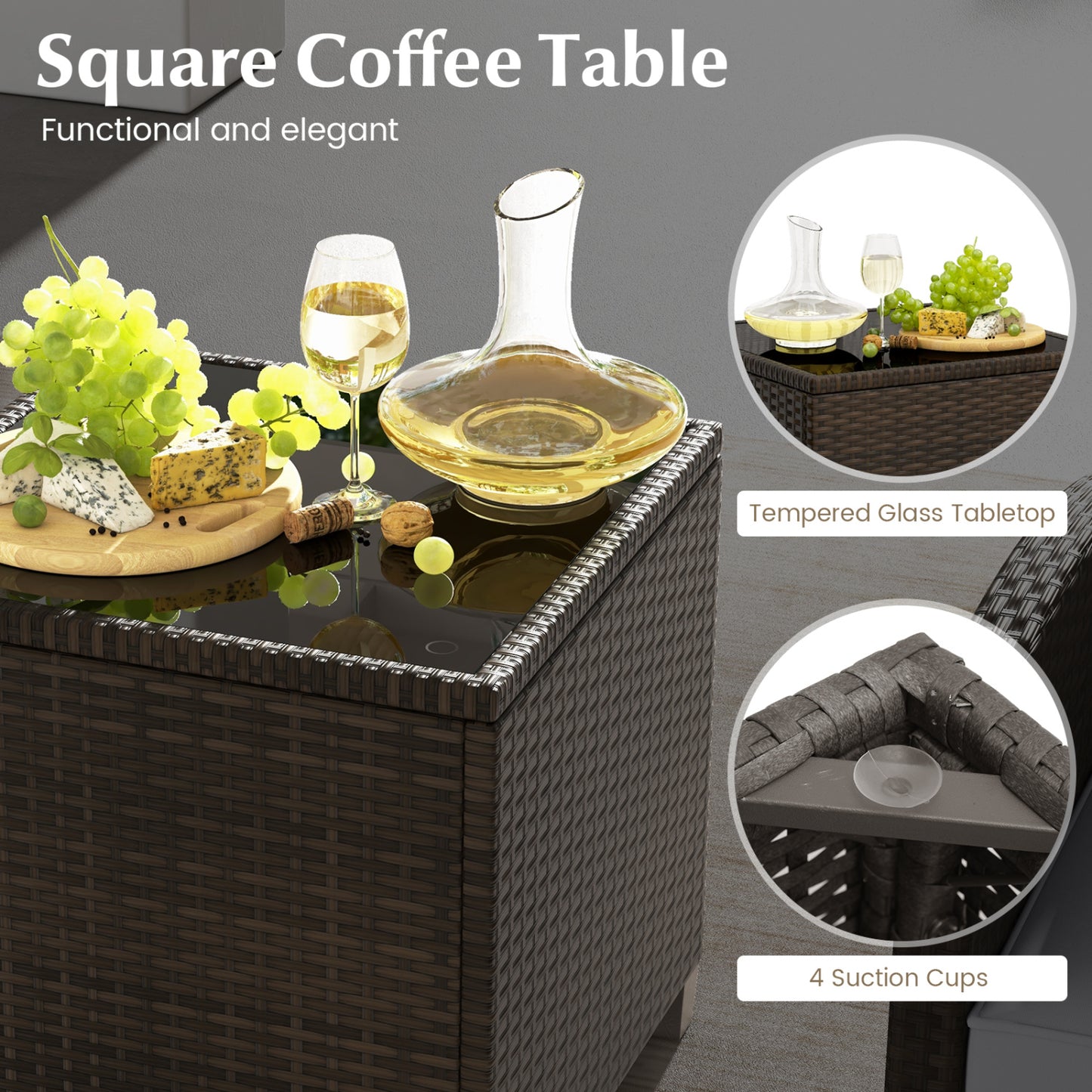 5 Pieces Patio Rattan Furniture with 2 Ottomans and Tempered Glass Coffee Table, Gray Patio Conversation Sets at Gallery Canada
