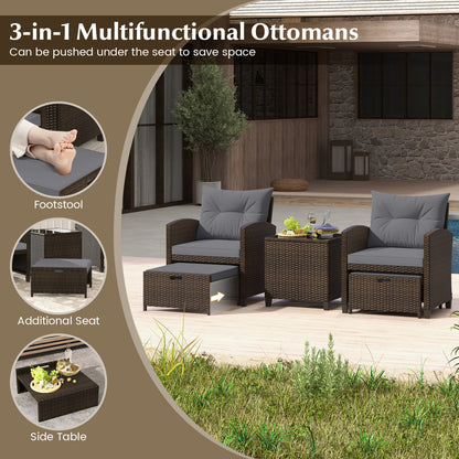 5 Pieces Patio Rattan Furniture with 2 Ottomans and Tempered Glass Coffee Table, Gray Patio Conversation Sets at Gallery Canada