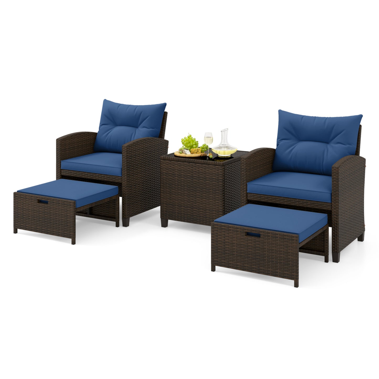 5 Pieces Patio Rattan Furniture with 2 Ottomans and Tempered Glass Coffee Table, Navy Patio Conversation Sets at Gallery Canada