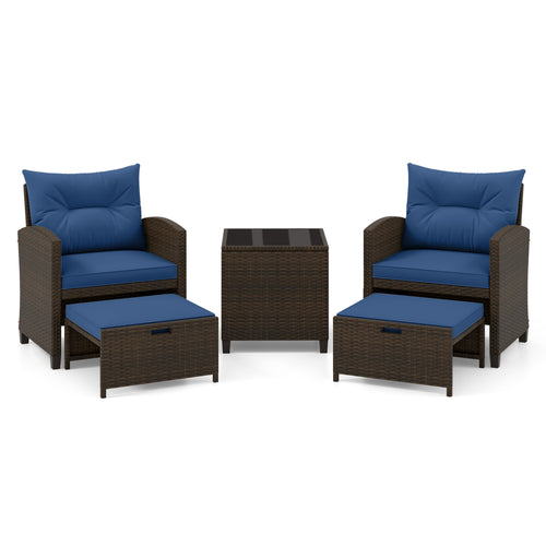 5 Pieces Patio Rattan Furniture with 2 Ottomans and Tempered Glass Coffee Table, Navy