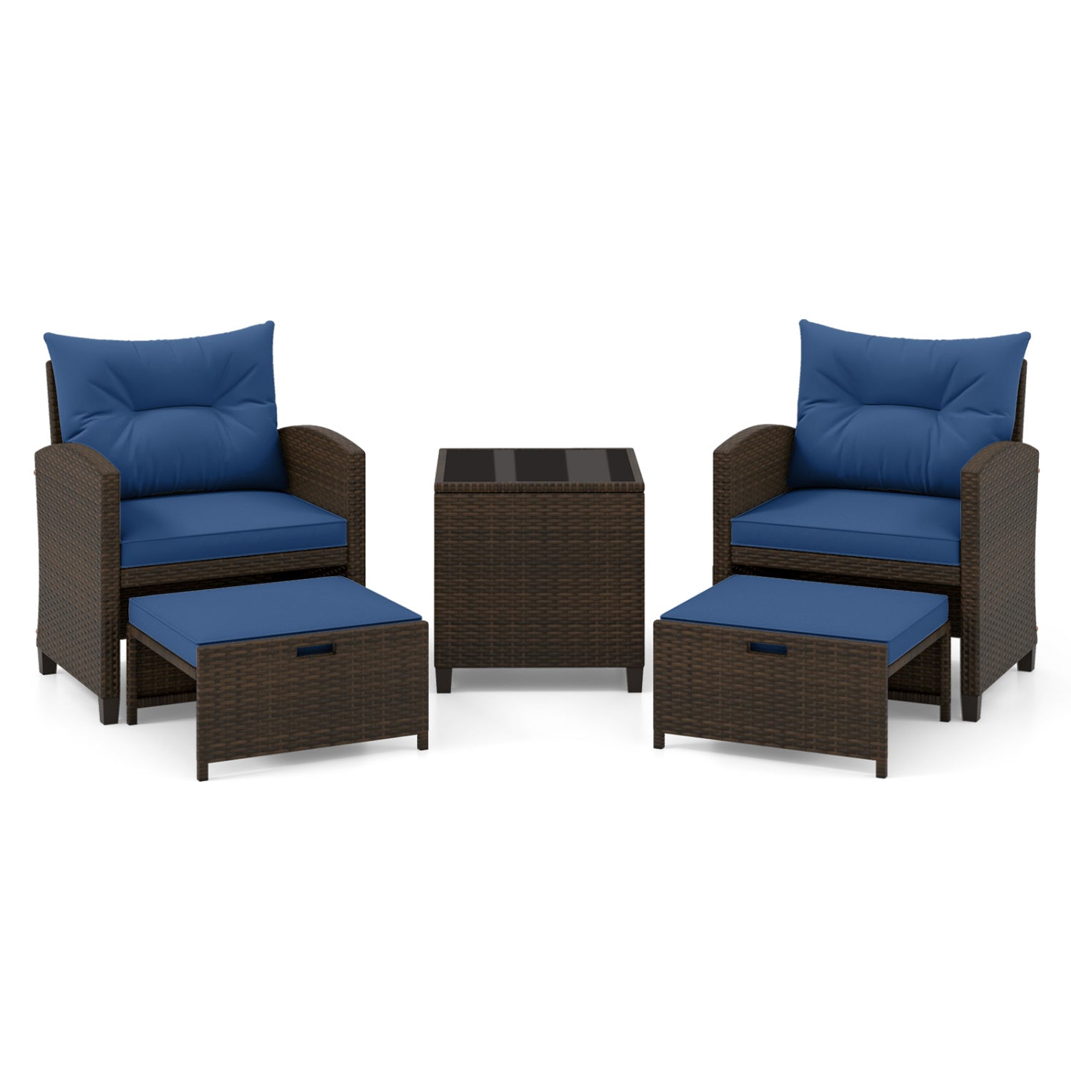 5 Pieces Patio Rattan Furniture with 2 Ottomans and Tempered Glass Coffee Table, Navy Patio Conversation Sets at Gallery Canada