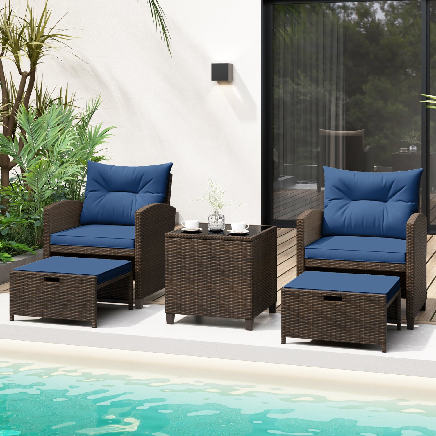 5 Pieces Patio Rattan Furniture with 2 Ottomans and Tempered Glass Coffee Table, Navy Patio Conversation Sets at Gallery Canada