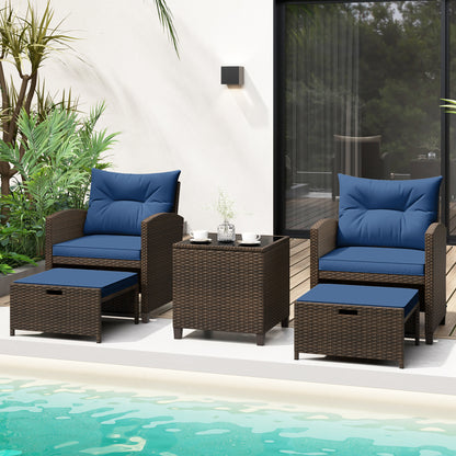 5 Pieces Patio Rattan Furniture with 2 Ottomans and Tempered Glass Coffee Table, Navy Patio Conversation Sets at Gallery Canada