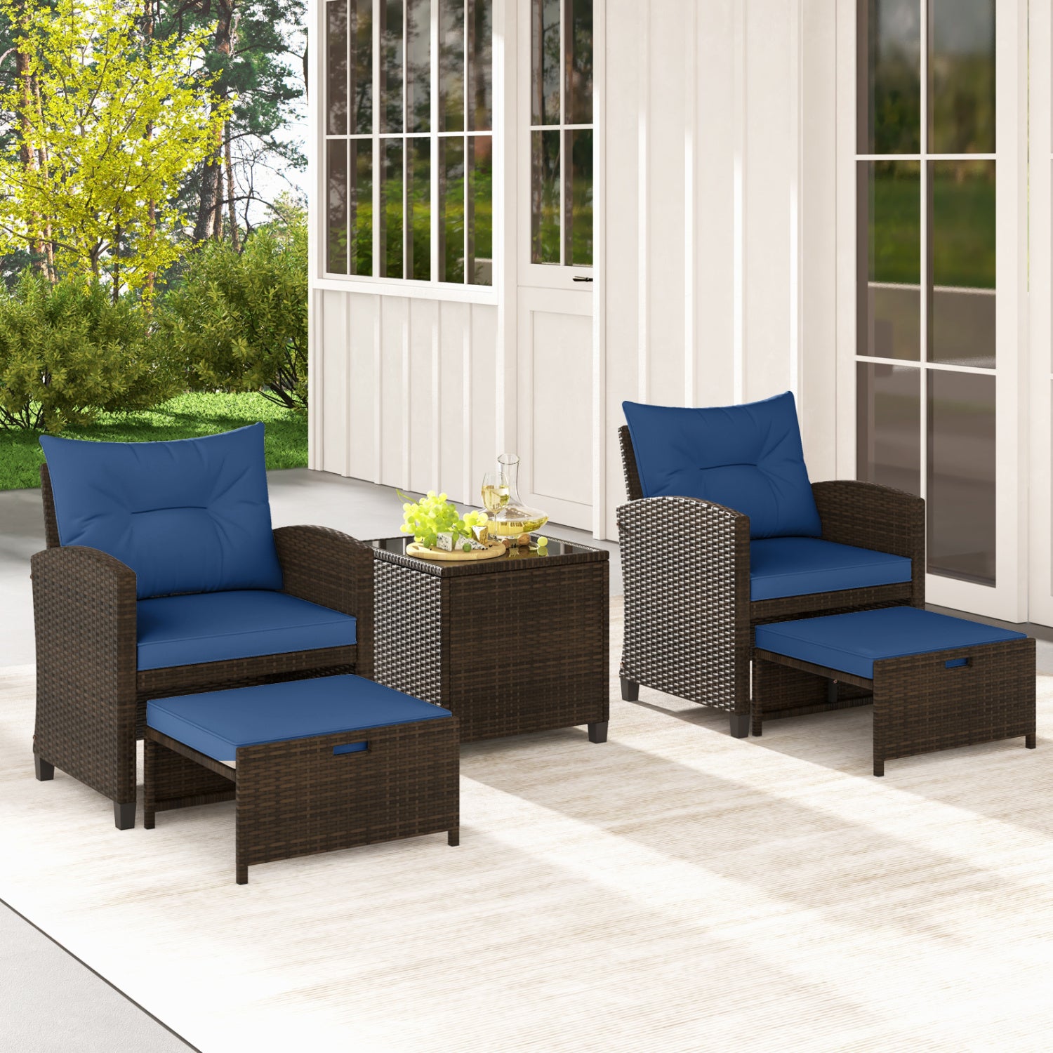5 Pieces Patio Rattan Furniture with 2 Ottomans and Tempered Glass Coffee Table, Navy Patio Conversation Sets at Gallery Canada