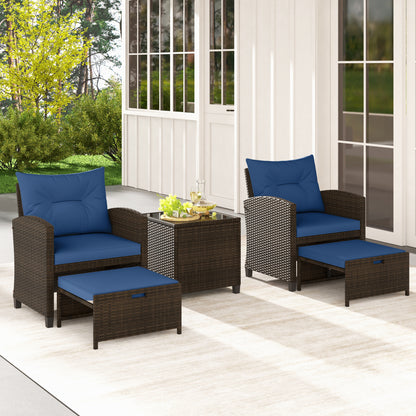 5 Pieces Patio Rattan Furniture with 2 Ottomans and Tempered Glass Coffee Table, Navy Patio Conversation Sets at Gallery Canada