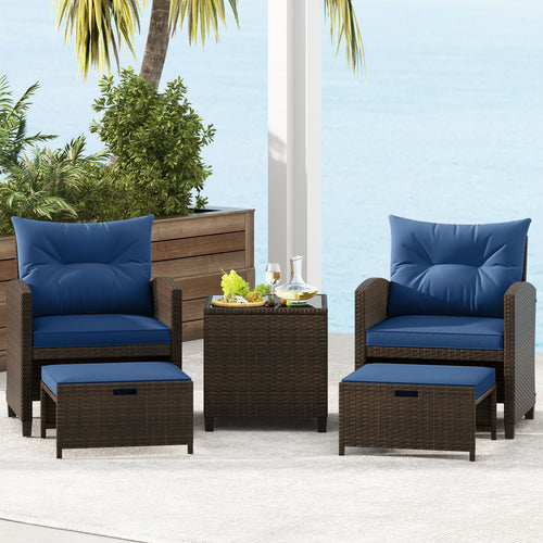 5 Pieces Patio Rattan Furniture with 2 Ottomans and Tempered Glass Coffee Table, Navy